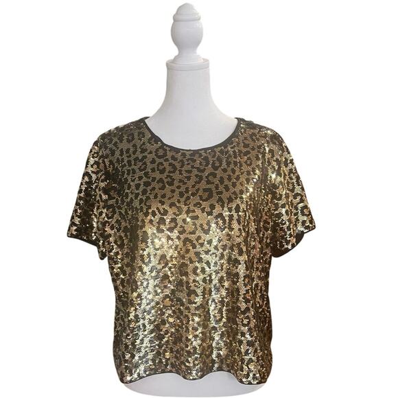 Michael Kors | Sequin Top | Boxy, Cropped Fit | Gold, Black | Leopard Print | XL - Picture 2 of 9